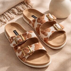 Nine West Brown and White Mules with Gold Buckles